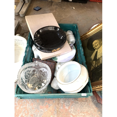 1447 - A collection of various items to include a brass coal box, pictures, antique ceramic slipper bedpan,... 