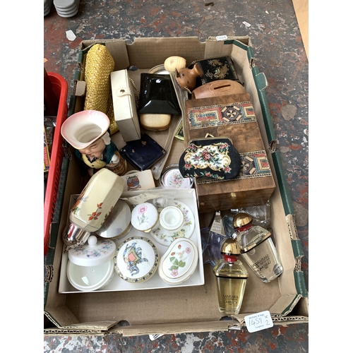 1459 - Two boxes containing Queen Elizabeth II silver jubilee commemorative coin, Toby jug, Sansara perfume... 