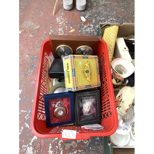 1459 - Two boxes containing Queen Elizabeth II silver jubilee commemorative coin, Toby jug, Sansara perfume... 