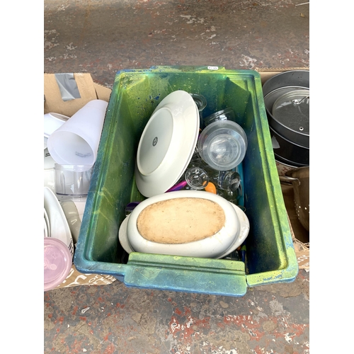 1467 - Three boxes containing stainless steel colanders, various ceramics & glassware, cake tins etc.