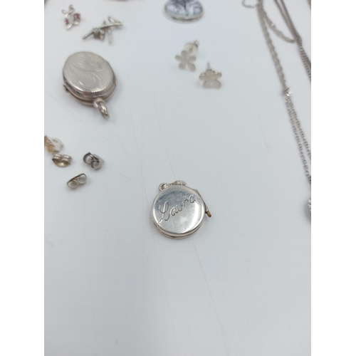 69D - A large collection of hallmarked silver jewellery to include earrings, cameo brooch, necklace pendan... 