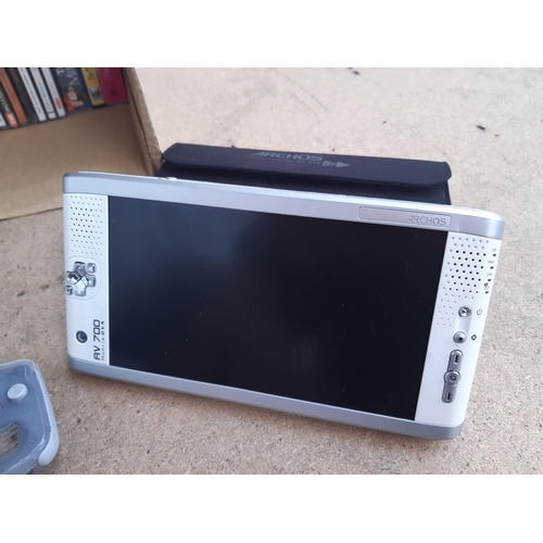 1151 - A box containing cased Archos AV700 mobile DVR, cased Casio TV-470 LCD pocket colour TV, three Ninte... 