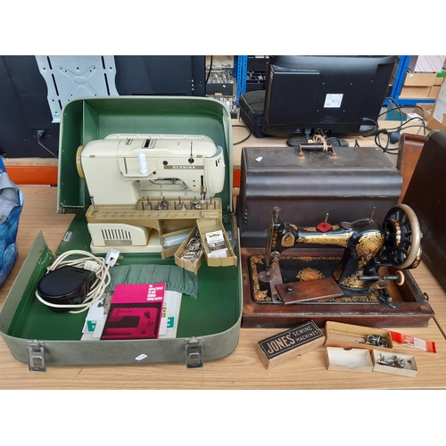 1189 - Two cased sewing machines, one vintage green and cream Bernina Record electric with foot pedal and i... 