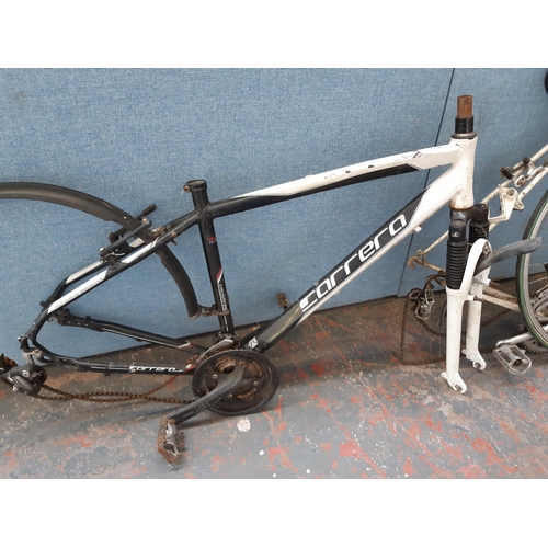 1212 - Three items, one black and white Carrera Crossfire aluminium bicycle frame with front suspension, on... 