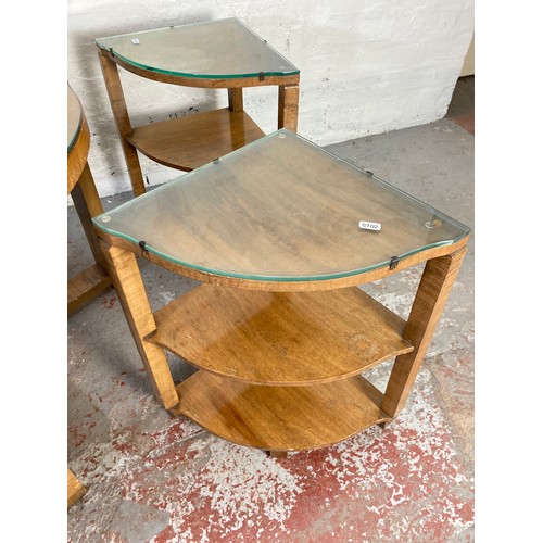 1032A - A vintage walnut serpentine coffee table with glass top and four nesting side tables with glass tops... 