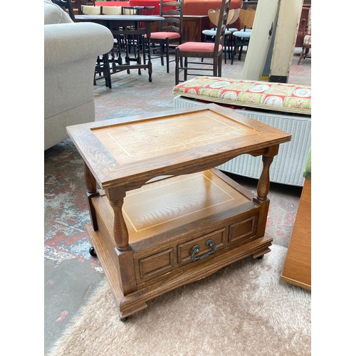 1047A - Six assorted pieces of furniture, oak drop leaf gate leg dining table, oak side table, brown rug, te... 