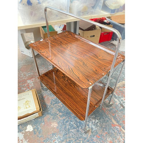 1461A - Three items, mid 20th century rosewood effect melamine and chrome two tier tea trolley, modern pine ... 