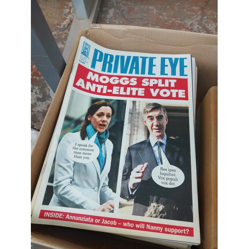 1465 - Three boxes containing a large quantity of Private Eye magazines