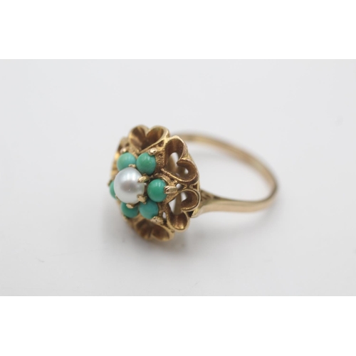 21 - A hallmarked London 9ct gold pearl and turquoise heart motif dress ring, size L½ - approx. gross wei... 