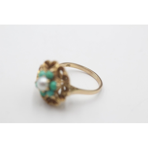 21 - A hallmarked London 9ct gold pearl and turquoise heart motif dress ring, size L½ - approx. gross wei... 