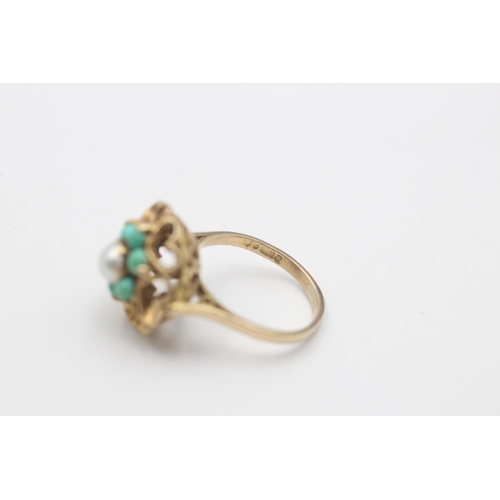 21 - A hallmarked London 9ct gold pearl and turquoise heart motif dress ring, size L½ - approx. gross wei... 