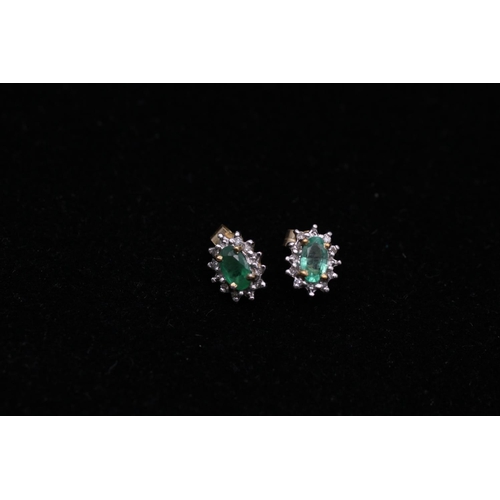 67 - Three pairs of 9ct gold gemstone stud earrings, one emerald and diamond, one sapphire and diamond an... 