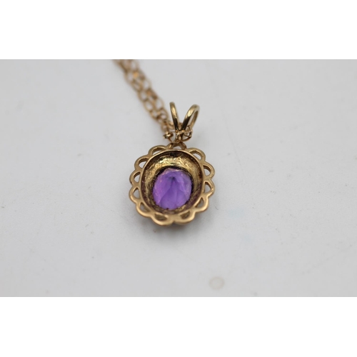 104 - A 9ct gold amethyst bordered solitaire stud earrings and pendant necklace set - approx. gross weight... 