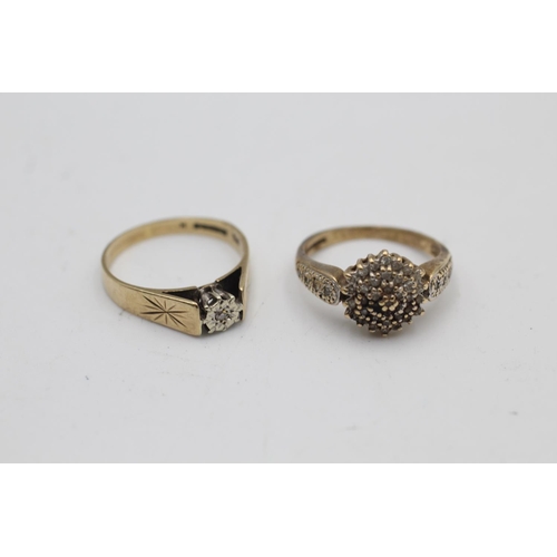 67 - Two 9ct gold diamond rings, one cluster size M½ and one star etched cathedral setting solitaire size... 