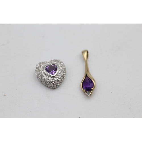 87 - Two 9ct yellow and white gold amethyst and diamond pendants, one heart and one teardrop - approx. gr... 