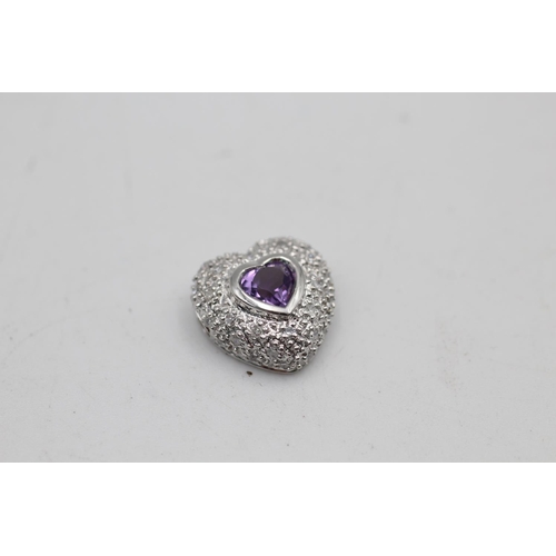 87 - Two 9ct yellow and white gold amethyst and diamond pendants, one heart and one teardrop - approx. gr... 