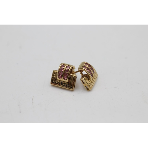 94 - A pair of 9ct gold pink topaz Greek key motif earrings - approx. gross weight 2.4 grams