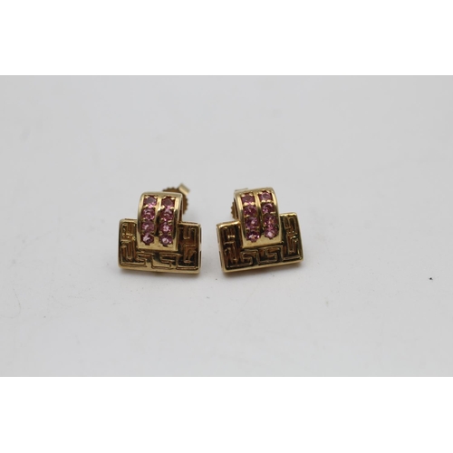 94 - A pair of 9ct gold pink topaz Greek key motif earrings - approx. gross weight 2.4 grams