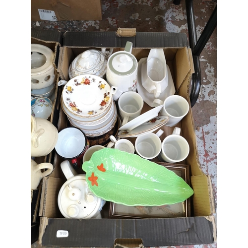 1596 - Four boxes containing assorted ceramics to include Wedgwood blue Jasperware vase and dish, Beswick B... 