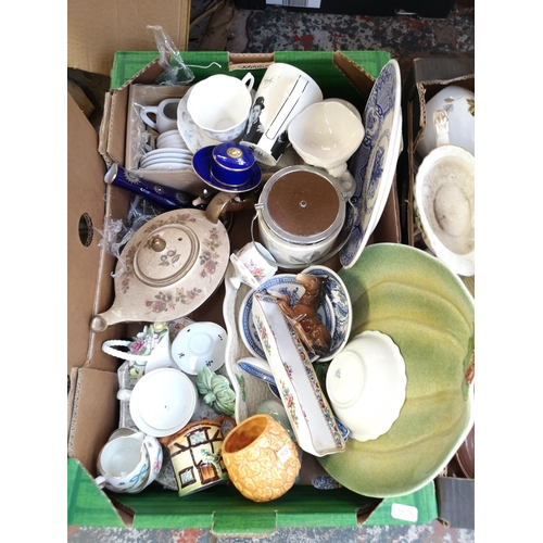 1596 - Four boxes containing assorted ceramics to include Wedgwood blue Jasperware vase and dish, Beswick B... 