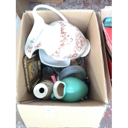 1601 - Two boxes containing assorted items to include Govancroft glazed jug, cut crystal glassware, Adams o... 