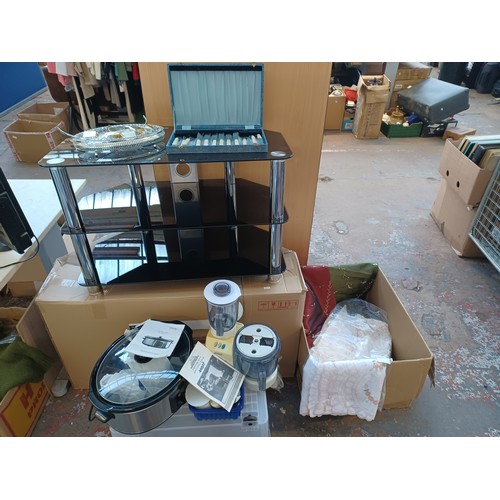 1613 - A collection of assorted house clearance items to include black glass three tier TV stand, Prolex 6.... 