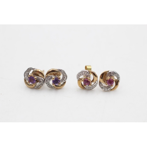 94 - Two pairs of 9ct gold gemstone and diamond twirl stud earrings, one ruby and one amethyst - approx. ... 
