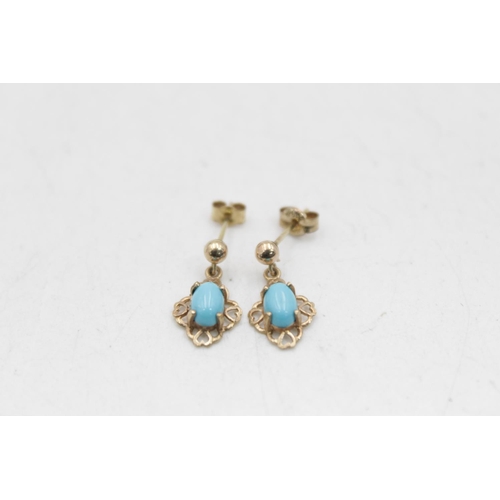 175 - Three pairs of 9ct gold gemstone earrings to include onyx studs, reconstituted turquoise drop etc. -... 