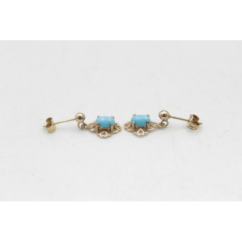 175 - Three pairs of 9ct gold gemstone earrings to include onyx studs, reconstituted turquoise drop etc. -... 