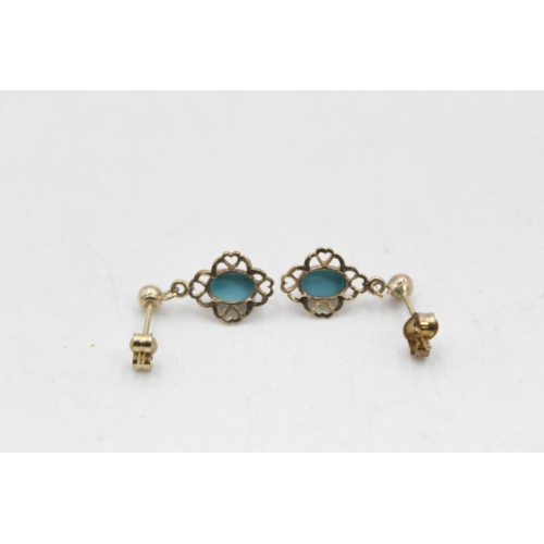 175 - Three pairs of 9ct gold gemstone earrings to include onyx studs, reconstituted turquoise drop etc. -... 