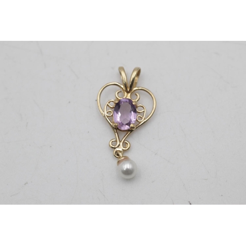 3 - Two 9ct gold gemstone openwork drop pendants, one amethyst and pearl and one peridot - approx. gross... 