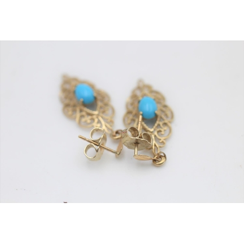 56 - A pair of 9ct gold turquoise ornate drop earrings - approx. gross weight 2 grams