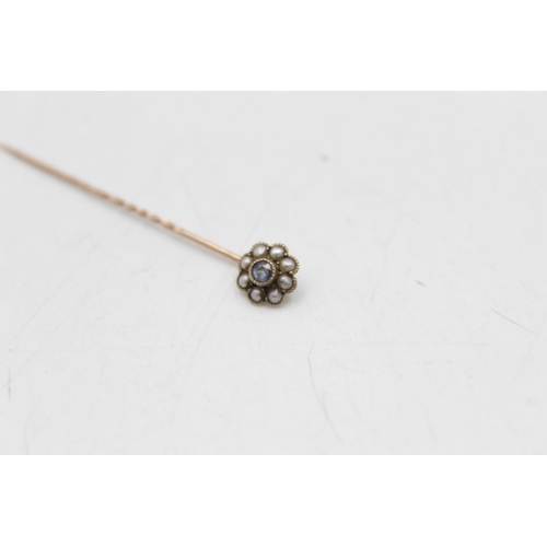 67 - An antique 9ct gold sapphire and seed pearl tie pin - approx. gross weight 0.5 grams