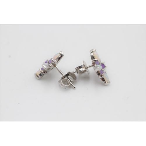 88 - A pair of 9ct white gold amethyst, opal and jade stud earrings - approx. gross weight 2 grams