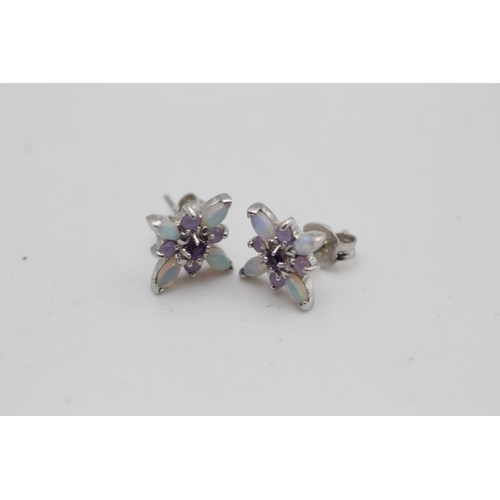 88 - A pair of 9ct white gold amethyst, opal and jade stud earrings - approx. gross weight 2 grams