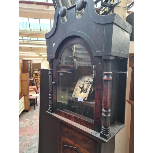 1058 - A 19th century mahogany and oak grandfather clock with hand painted enamel face and one weight - app... 