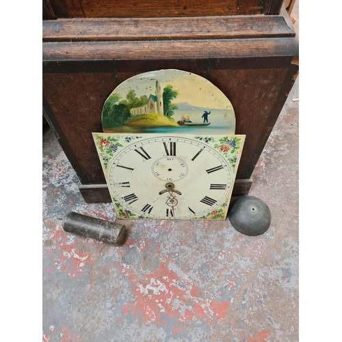 1058 - A 19th century mahogany and oak grandfather clock with hand painted enamel face and one weight - app... 