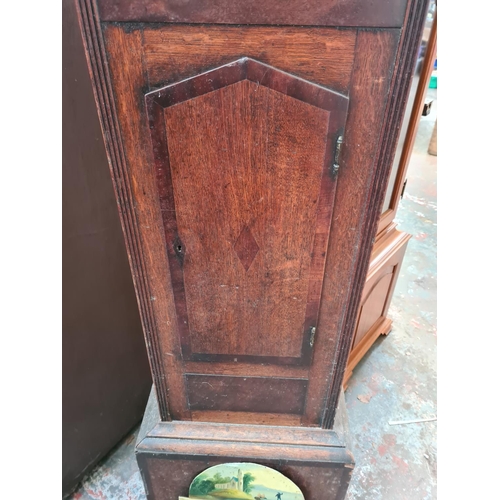 1058 - A 19th century mahogany and oak grandfather clock with hand painted enamel face and one weight - app... 