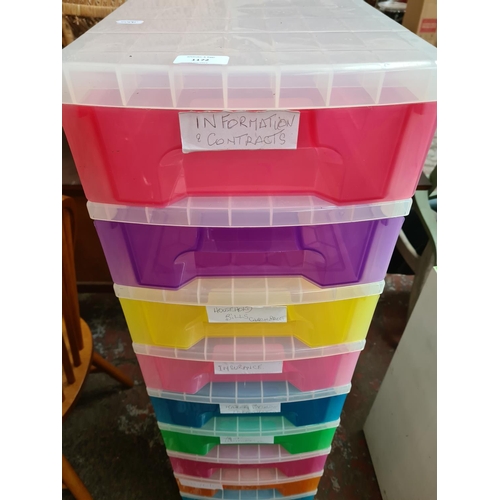 1172 - A multicoloured plastic eleven drawer storage tower with castors - approx. 115cm high x 30cm wide x ... 