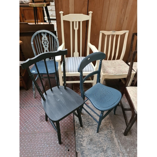 1187 - Fourteen assorted dining chairs to include four Stag, Arts and Crafts white painted carver etc.