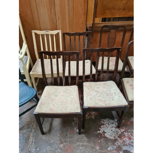 1187 - Fourteen assorted dining chairs to include four Stag, Arts and Crafts white painted carver etc.