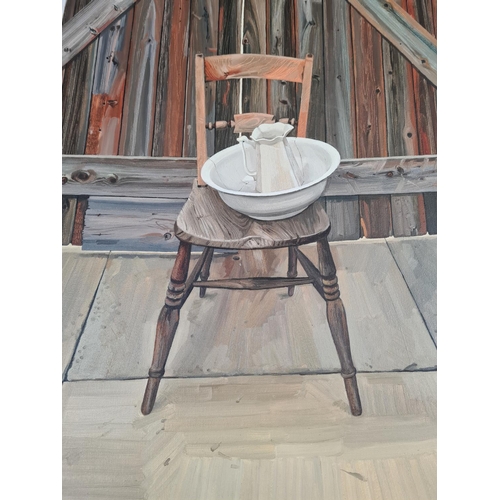 1209 - An oil on canvas of a Victorian chair, jug and bowl scene by local artist J. B. Hull dated 19th Augu... 