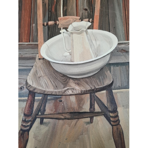 1209 - An oil on canvas of a Victorian chair, jug and bowl scene by local artist J. B. Hull dated 19th Augu... 