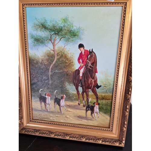 1218 - Three gilt framed pictures, one oil on canvas of a hunting scene signed Jack Smith - approx. 51cm x ... 