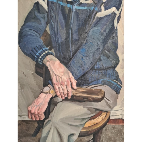 1225 - A 1986 oil on canvas of Russell by local artist J. B. Hull - approx. 91cm high x 71cm wide