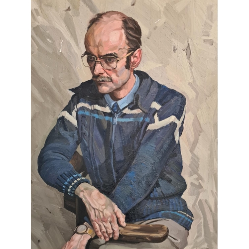 1225 - A 1986 oil on canvas of Russell by local artist J. B. Hull - approx. 91cm high x 71cm wide