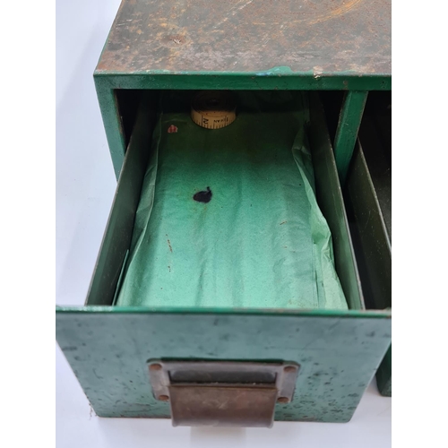 636 - A mid 20th century green painted two drawer index cabinet with brass handles - approx. 14.5cm high x... 