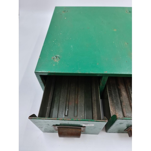 638 - A mid 20th century green painted two drawer index cabinet with brass handles - approx. 14.5cm high x... 