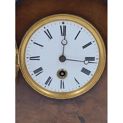 648 - A Victorian walnut and ebonised key wind mantel clock with white enamel face and pendulum - approx. ... 