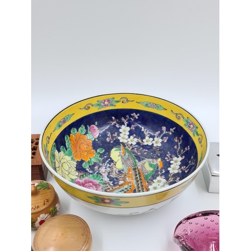 494 - A collection of assorted trinket boxes, dishes and ornaments to include Japanese hand painted 25cm b... 